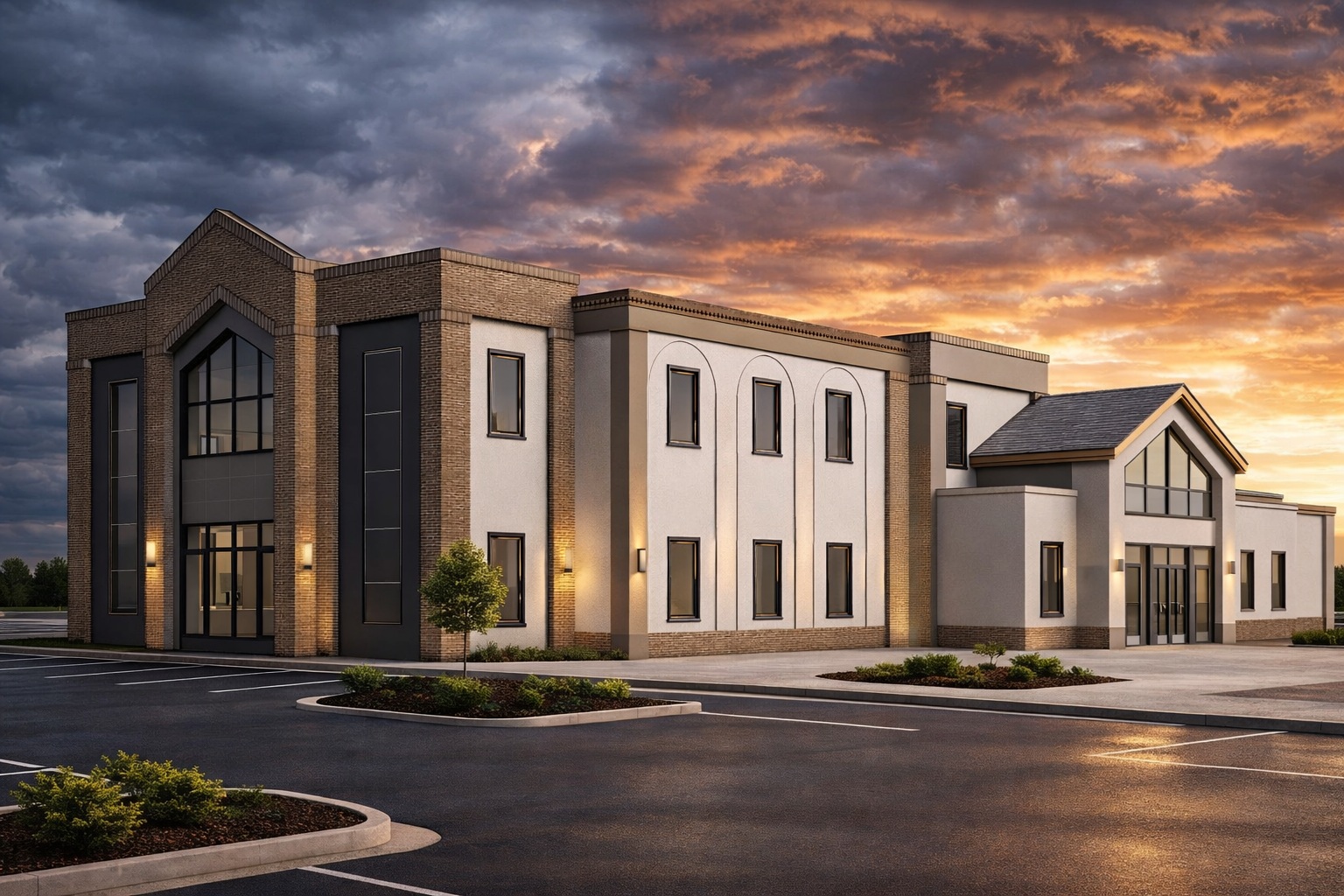 Architectural rendering of the new chapel at sunset